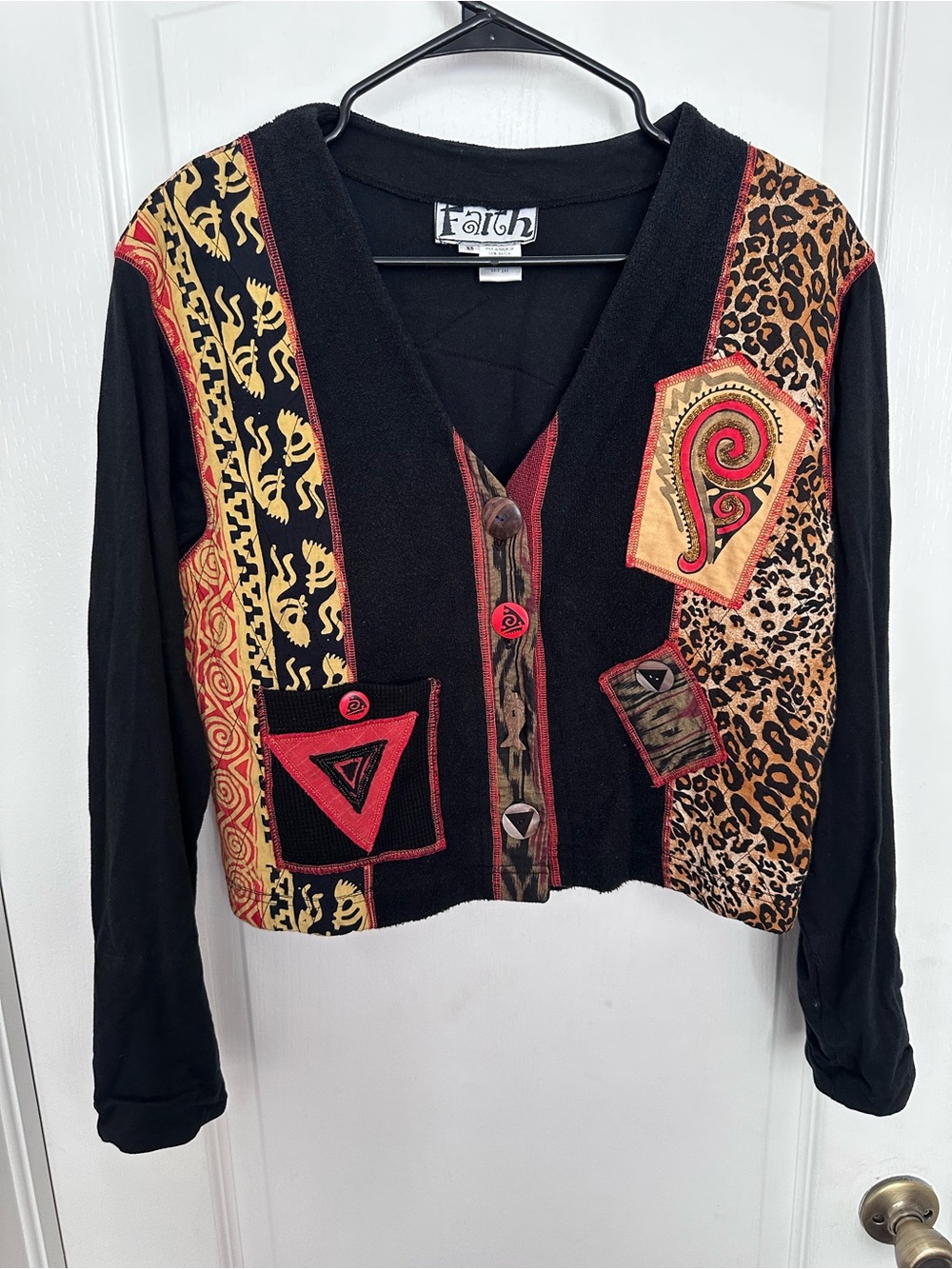 Vintage Faith Patchwork Art To Wear Cardigan XS